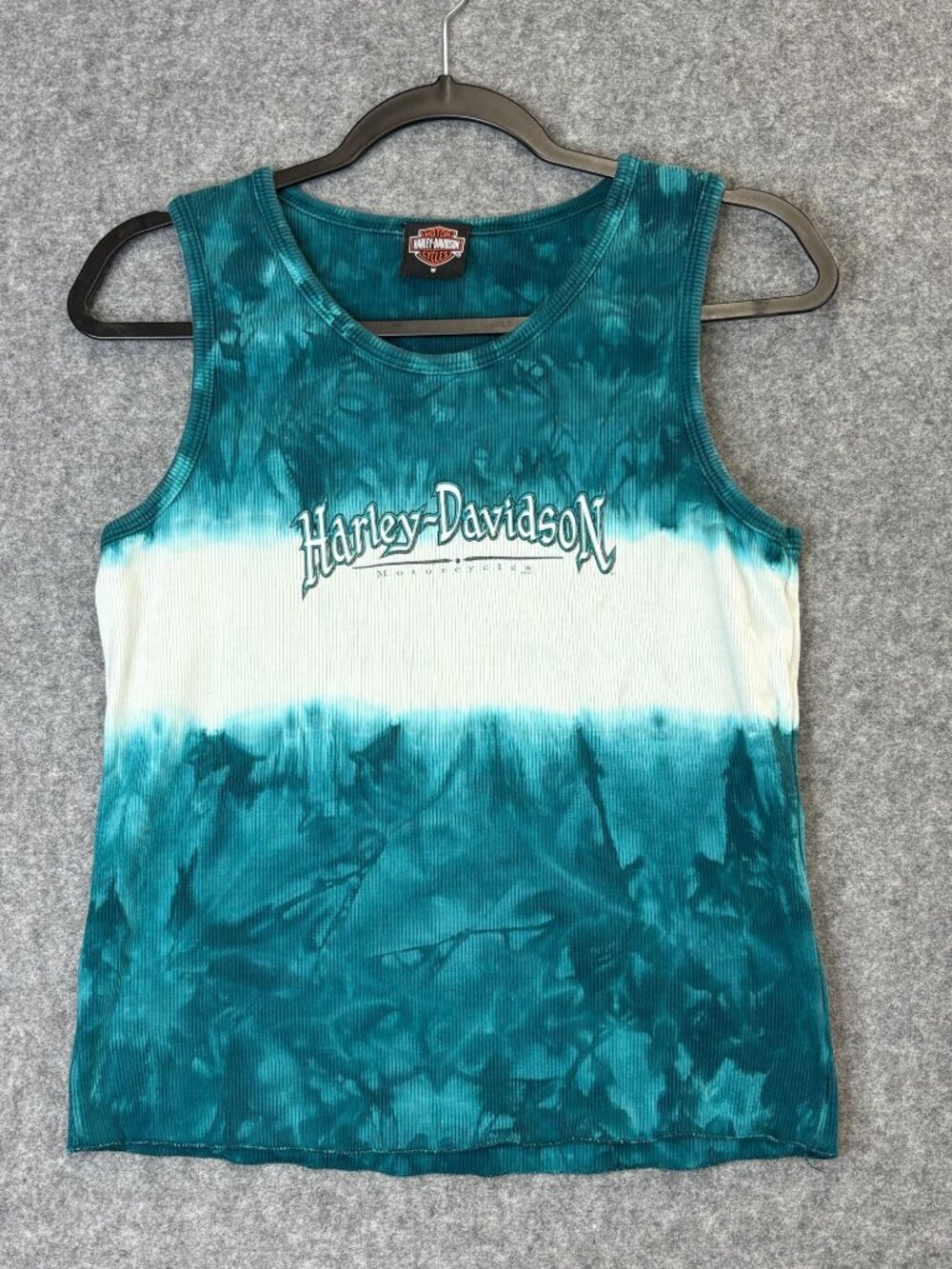 Harley-Davidson Womens Medium Tank Top Teal White Tie-Dye Ribbed Hals New Berlin - Picture 8 of 8
